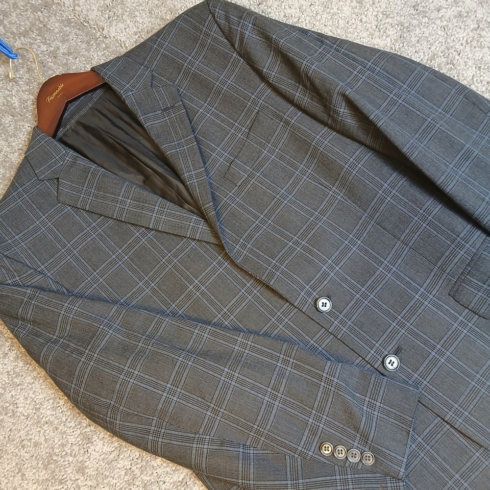 Mens Plaid‎ Blazer Sport Coat Gray Blue Two Button Jacket Z Taylor Shultz